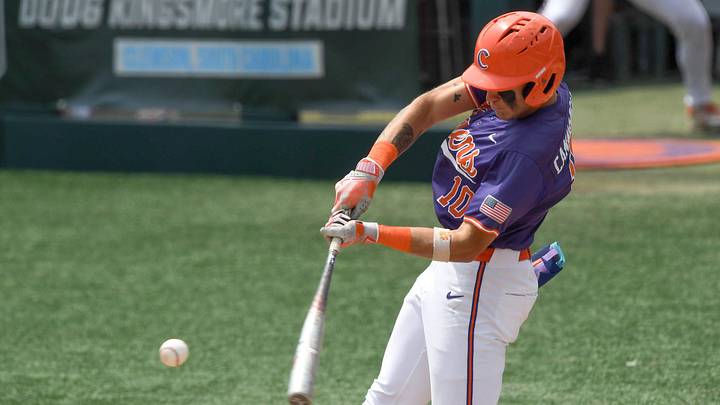 Clemson outfielder Cam Cannarella (10) swings in his last at-bat this season playing University of Kentucky during the top of the ninth inning at the NCAA baseball Clemson Regional at Doug Kingsmore Stadium in Clemson, S.C. Sunday, June 1, 2025. Kentucky won 16-4, ending the season for Clemson.