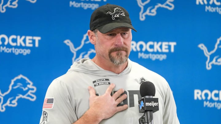 Detroit Lions head coach Dan Campbell speaks to members of the media at the Detroit Lions practice facility in Allen Park