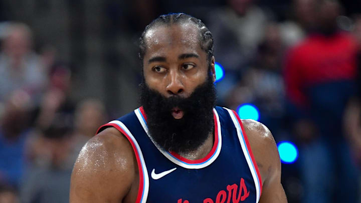 Los Angeles Clippers guard James Harden reacts after scoring a three point basket against the Denver Nuggets. Los Angeles Clippers guard James Harden reacts after scoring a three point basket against the Denver Nuggets.