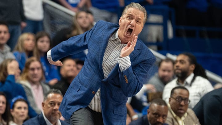 Kentucky Wildcats head coach John Calipari yells to the team during their game against the Arkansas Razorbacks on Saturday, March 2, 2024 at Rupp Arena. Kentucky Wildcats head coach John Calipari yells to the team during their game against the Arkansas Razorbacks on Saturday, March 2, 2024 at Rupp Arena.
