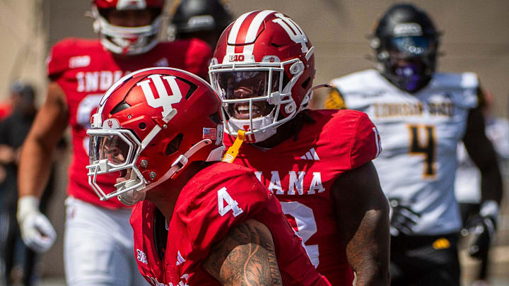 Indiana's Aiden Fisher (4) celebrates during the Indiana versus Kennesaw State Big Ten football game at Memorial Stadium on Saturday, Sept. 6, 2025.
