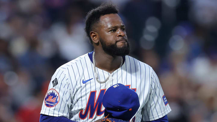 Jun 13, 2024; New York City, New York, USA; New York Mets starting pitcher Luis Severino (40) reacts as he walks off the field after the top of the sixth inning against the Miami Marlins at Citi Field. Mandatory Credit: Brad Penner-USA TODAY Sports