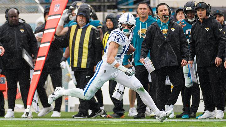 Dec 7, 2025; Jacksonville, Florida, USA; Indianapolis Colts wide receiver Alec Pierce (14) runs with the ball against the Jacksonville Jaguars during the first half at EverBank Stadium. Mandatory Credit: Matt Pendleton-Imagn Images