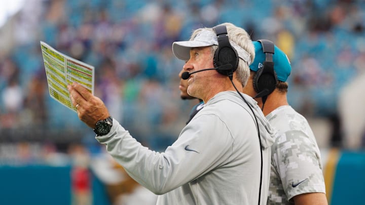 Nov 10, 2024; Jacksonville, Florida, USA; Jacksonville Jaguars head coach Doug Pederson watches a replay against the Minnesota Vikings during the third quarter at EverBank Stadium. Mandatory Credit: Morgan Tencza-Imagn Images