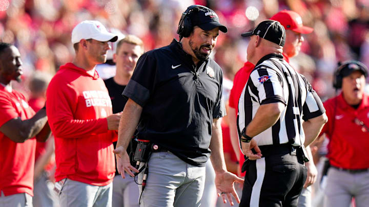 Ohio State Buckeyes head coach Ryan Day speaks to the referee in the second half at Camp Randall Stadium on Saturday, Oct. 18, 2025 in Madison, Wisconsin.