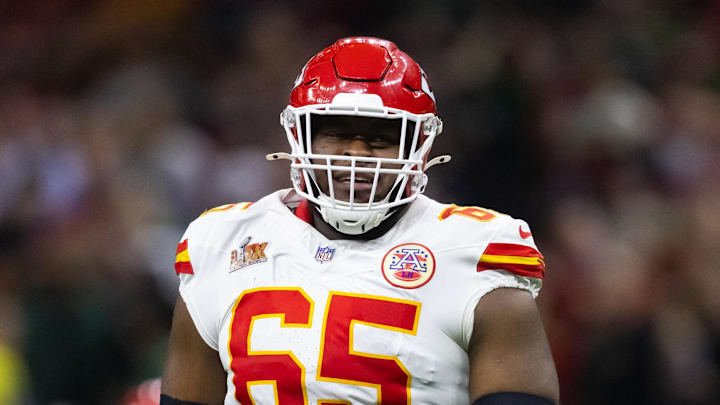 Feb 9, 2025; New Orleans, LA, USA;  Kansas City Chiefs guard Trey Smith (65) against the Philadelphia Eagles in Super Bowl LIX at Ceasars Superdome. Mandatory Credit: Mark J. Rebilas-Imagn Images
