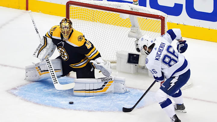 Aug 5, 2020; Toronto, Ontario, CANADA;  Tuukka Rask #40 of the Boston Bruins makes the first period save on Nikita Kucherov #86 of the Tampa Bay Lightning  in an Eastern Conference Round Robin game during the 2020 NHL Stanley Cup Playoff at Scotiabank Arena on August 5, 2020 in Toronto, Ontario, Canada. Mandatory Credit: Andre Ringuette via Imagn Images