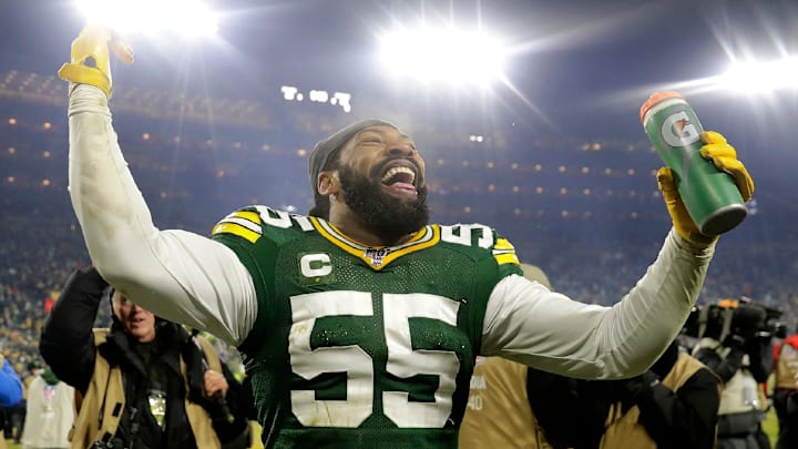 Green Bay Packers outside linebacker Za'Darius Smith (55) celebrates the Packers' victory over the Seattle Seahawks during their NFC divisional round playoff football game on Sunday, January 12, 2020, at Lambeau Field in Green Bay, Wis. Green Bay defeated Seattle 28-23.