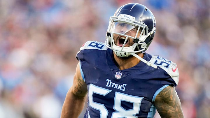 Tennessee Titans linebacker Harold Landry III (58) celebrates a sack during the first quarter of an AFC divisional playoff game at Nissan Stadium Saturday, Jan. 22, 2022 in Nashville, Tenn.