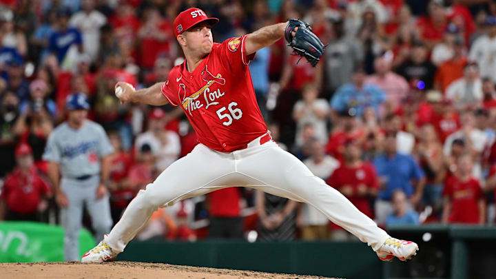 Aug 17, 2024; St. Louis, Missouri, USA; St. Louis Cardinals pitcher Ryan Helsley (56) throws the final strike for the final out of the game against the Los Angeles Dodgers at Busch Stadium in the ninth inning. Mandatory Credit: Tim Vizer-Imagn Images Aug 17, 2024; St. Louis, Missouri, USA; St. Louis Cardinals pitcher Ryan Helsley (56) throws the final strike for the final out of the game against the Los Angeles Dodgers at Busch Stadium in the ninth inning. Mandatory Credit: Tim Vizer-Imagn Images