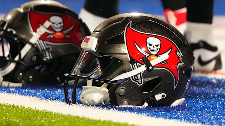 Oct 26, 2023; Orchard Park, New York, USA; A general view of Tampa Bay Buccaneer helmets prior to the game against the Buffalo Bills at Highmark Stadium. Mandatory Credit: Gregory Fisher-Imagn Images