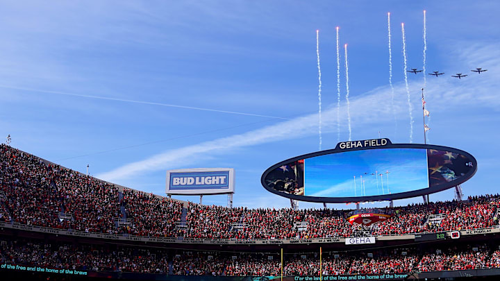 Military planes flyover as fireworks are fired before the first quarter during the AFC championship NFL football game between the Cincinnati Bengals and the Kansas City Chiefs, Sunday, Jan. 30, 2022, at GEHA Field at Arrowhead Stadium in Kansas City, Missouri.