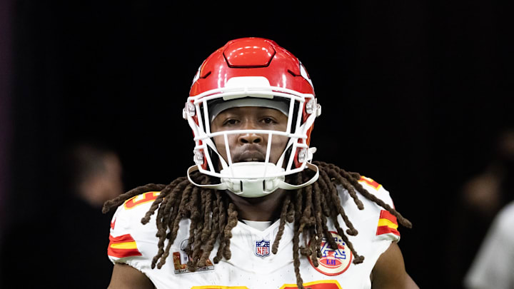 Feb 9, 2025; New Orleans, LA, USA;  Kansas City Chiefs running back Kareem Hunt (29) against the Philadelphia Eagles in Super Bowl LIX at Ceasars Superdome. Mandatory Credit: Mark J. Rebilas-Imagn Images