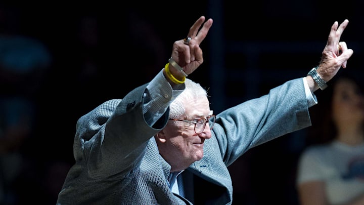 Mar 22, 2017; Salt Lake City, UT, USA; Former Utah Jazz president Frank Layden is introduced as part of a ceremony honoring the 20th anniversary of the franchise  s first Western Conference Championship during halftime against the New York Knicks at Vivint Smart Home Arena. The Jazz won 108-101. Mandatory Credit: Russ Isabella-Imagn Images