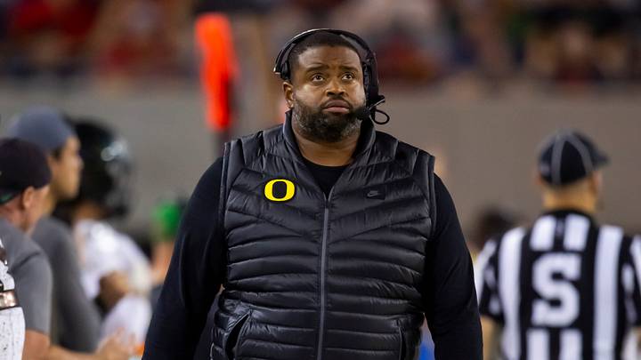 Oct 8, 2022; Tucson, Arizona, USA; Oregon Ducks associate head coach Adrian Klemm against the Arizona Wildcats at Arizona Stadium. Mandatory Credit: Mark J. Rebilas-USA TODAY Sports