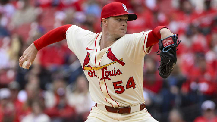 Apr 26, 2025; St. Louis, Missouri, USA;  St. Louis Cardinals starting pitcher Sonny Gray (54) pitches against the Milwaukee Brewers during the first inning at Busch Stadium.