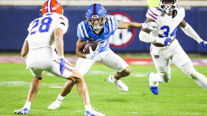 Nov 15, 2025; Oxford, Mississippi, USA; Mississippi Rebels wide receiver Cayden Lee (19) runs for yards after the catch against the Florida Gators during the third quarter at Vaught-Hemingway Stadium. Mandatory Credit: Petre Thomas-Imagn Images