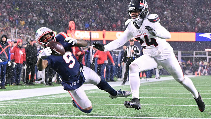 Jan 18, 2026; Foxborough, MA, USA; New England Patriots wide receiver Kayshon Boutte (9) catches the ball for a touchdown in the fourth quarter against the Houston Texans in an AFC Divisional Round game at Gillette Stadium. Mandatory Credit: Brian Fluharty-Imagn Images