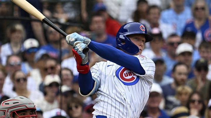 Aug 29, 2026; Chicago, Illinois, USA;  Chicago Cubs center fielder Pete Crow-Armstrong (4) hits a two-run home run during the second inning against the Cincinnati Reds at Wrigley Field.  Mandatory Credit: Matt Marton-Imagn Images