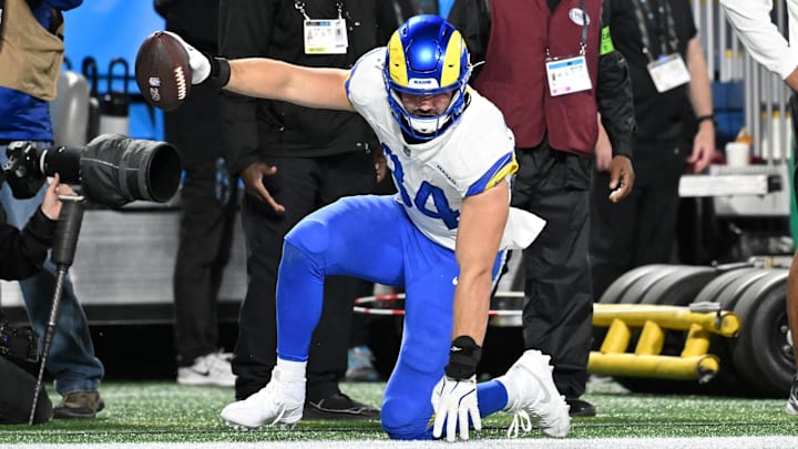 Los Angeles Rams tight end Colby Parkinson (84) reacts after making a touchdown catch.