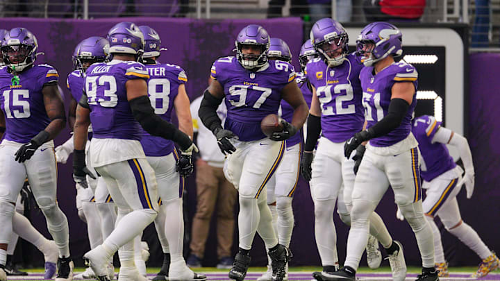 Dec 7, 2025; Minneapolis, Minnesota, USA; Minnesota Vikings nose tackle Javon Hargrave (97) reacts against the Washington Commanders during the second half at U.S. Bank Stadium.