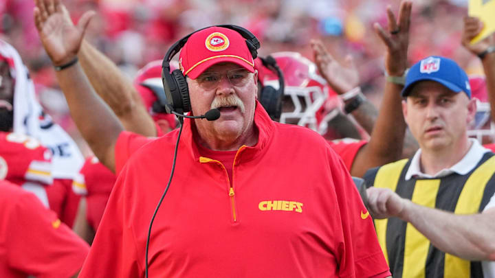 Sep 15, 2024; Kansas City, Missouri, USA; Kansas City Chiefs head coach Andy Reid reacts to a no-call against the Cincinnati Bengals during the game at GEHA Field at Arrowhead Stadium. Mandatory Credit: Denny Medley-Imagn Images