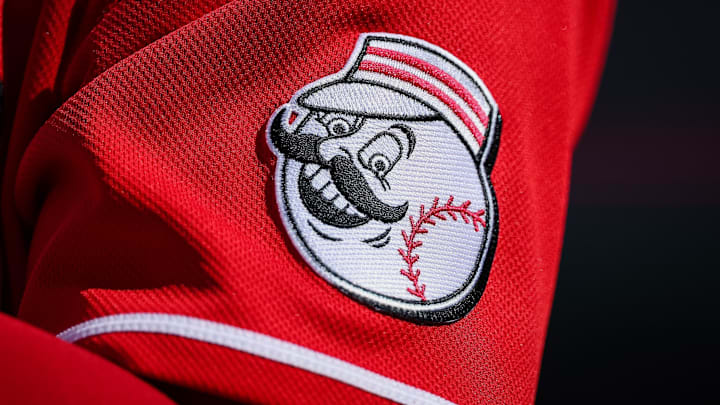 Aug 28, 2022; Washington, District of Columbia, USA; A detailed view of the Cincinnati Reds jersey logo during the ninth inning of the game between the Washington Nationals and the Cincinnati Reds at Nationals Park. Mandatory Credit: Scott Taetsch-Imagn Images