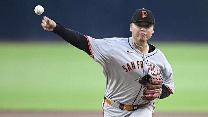 Aug 19, 2025; San Diego, California, USA; San Francisco Giants starting pitcher Kai-Wei Teng (66) delivers during the first inning against the San Diego Padres at Petco Park. Mandatory Credit: Denis Poroy-Imagn Images