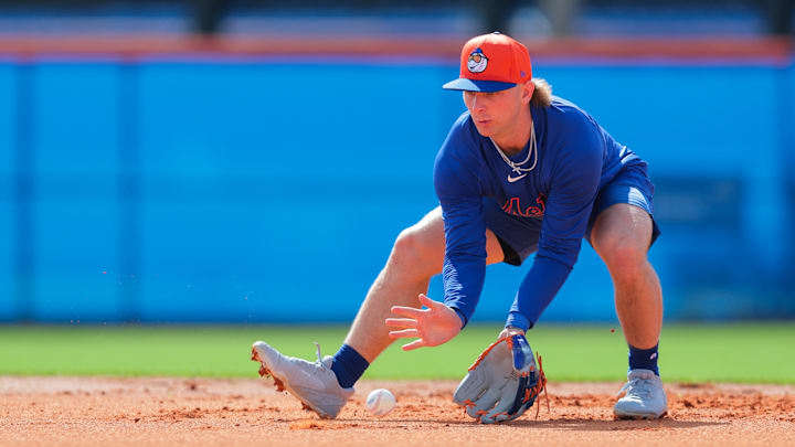 Feb 12, 2025; Port St. Lucie, FL, USA; New York Mets shortstop Jett Williams (90) plays his position during a Spring Training workout at Clover Park. Mandatory Credit: Sam Navarro-Imagn Images