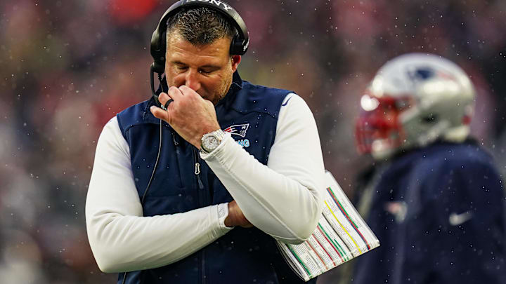 Dec 14, 2025; Foxborough, Massachusetts, USA; New England Patriots head coach Mike Vrabel reacts from the sideline as they take on the Buffalo Bills at Gillette Stadium.