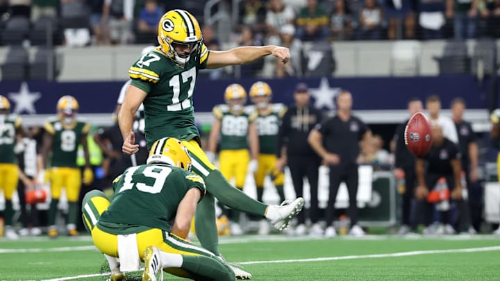 Green Bay Packers kicker Brandon McManus (17) kicks a game tying field goal in overtime against the Dallas Cowboys.