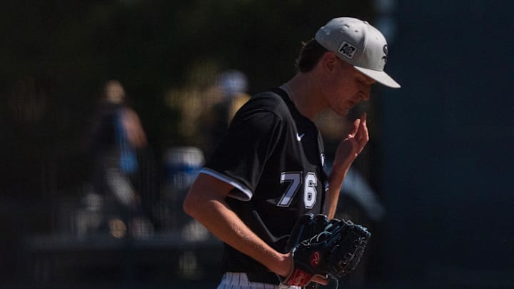 Feb 26, 2025; Phoenix, Arizona, USA; Chicago White Sox pitcher Noah Schultz (76) throws the first pitches of his major league career during the fifth inning of a spring training game against the San Diego Padres at Camelback Ranch. Mandatory Credit: Allan Henry-Imagn Images 