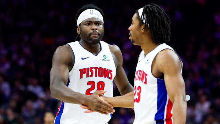 Dec 23, 2025; Sacramento, California, USA; Detroit Pistons forward Isaiah Stewart (28) shakes hands with guard Jaden Ivey (23) after a play against the Sacramento Kings during the third quarter at Golden 1 Center. Mandatory Credit: Sergio Estrada-Imagn Images