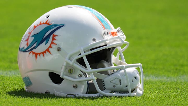 A general view of a Miami Dolphins helmet on the field during practice at Baptist Health Training Complex. 