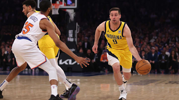 May 29, 2025; New York, New York, USA; Indiana Pacers guard T.J. McConnell (9) controls the ball against New York Knicks forward Mikal Bridges (25) in the first quarter during game five of the eastern conference finals for the 2025 NBA Playoffs at Madison Square Garden. Mandatory Credit: Brad Penner-Imagn Images