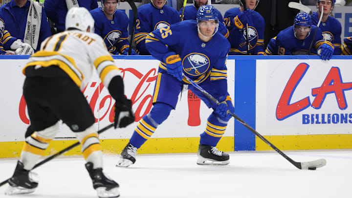 Mar 25, 2026; Buffalo, New York, USA;  Buffalo Sabres defenseman Owen Power (25) looks to pass during the second period against the Boston Bruins at KeyBank Center. Mandatory Credit: Timothy T. Ludwig-Imagn Images