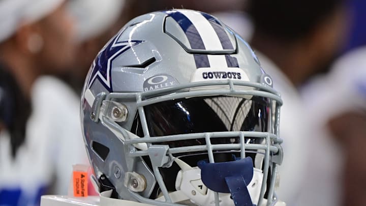 Sep 24, 2023; Glendale, Arizona, USA;  Detail view of a Dallas Cowboys helmet in the second half against the Arizona Cardinals at State Farm Stadium. Mandatory Credit: Matt Kartozian-Imagn Images
