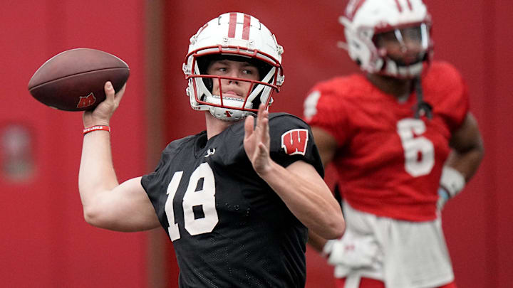 Wisconsin quarterback Braedyn Locke (18) during spring football practice Thursday, April 25, 2024 in Madison, Wisconsin. The Wisconsin Badgers football team plays their season opener against Western Michigan on August 31.