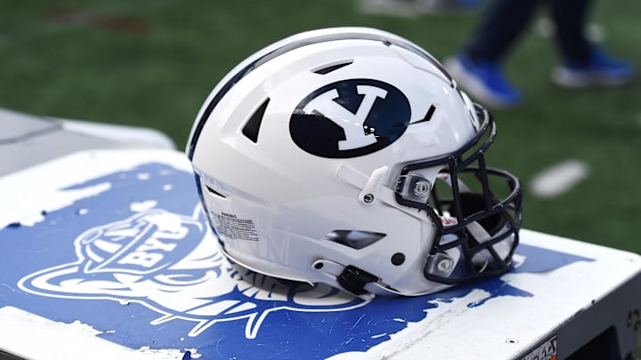 Oct 23, 2021; Pullman, Washington, USA; Brigham Young Cougars helmet sits during a game against the
