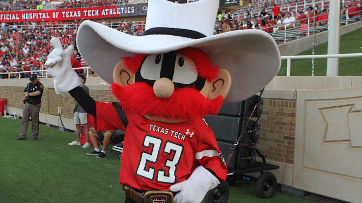 Sep 30, 2023; Lubbock, Texas, USA;  The Texas Tech Red Raiders mascot on the sidelines in the second half during the game against the Houston Cougars at Jones AT&T Stadium and Cody Campbell Field. Mandatory Credit: Michael C. Johnson-USA TODAY Sports