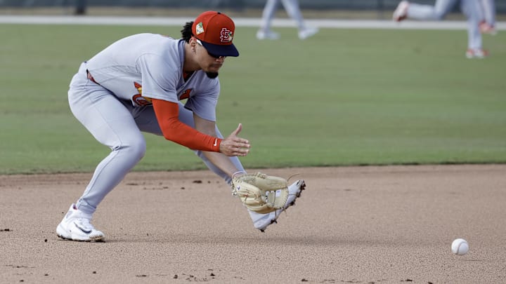 Feb 16, 2026; Jupiter, FL, USA; St. Louis Cardinals shortstop Masyn Winn (0) fields a ground ball during spring training workouts at Roger Dean Stadium. Mandatory Credit: Reinhold Matay-Imagn Images Feb 16, 2026; Jupiter, FL, USA; St. Louis Cardinals shortstop Masyn Winn (0) fields a ground ball during spring training workouts at Roger Dean Stadium. Mandatory Credit: Reinhold Matay-Imagn Images