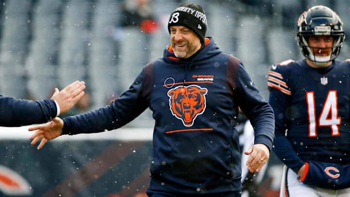 Matt Nagy greets his staff at Soldier Field during warmups in his last Bears season against the Giants. Now he'll be Giants offensive coordinator.