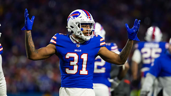 Jan 21, 2024; Orchard Park, New York, USA; Buffalo Bills cornerback Rasul Douglas (31) reacts against the Kansas City Chiefs in the 2024 AFC divisional round game at Highmark Stadium. Jan 21, 2024; Orchard Park, New York, USA; Buffalo Bills cornerback Rasul Douglas (31) reacts against the Kansas City Chiefs in the 2024 AFC divisional round game at Highmark Stadium.