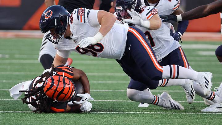 Aug 22, 2026; Cincinnati, Ohio, USA; Chicago Bears defensive tackle Jordan van den Berg (96) makes a tackle against Cincinnati Bengals running back Kentrel Bullock (31) during the second quarter at Paycor Stadium. Mandatory Credit: Joseph Maiorana-Imagn Images Aug 22, 2026; Cincinnati, Ohio, USA; Chicago Bears defensive tackle Jordan van den Berg (96) makes a tackle against Cincinnati Bengals running back Kentrel Bullock (31) during the second quarter at Paycor Stadium. Mandatory Credit: Joseph Maiorana-Imagn Images