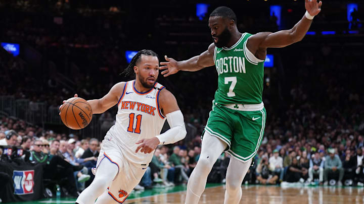 May 7, 2025; Boston, Massachusetts, USA; New York Knicks guard Jalen Brunson (11) drives the ball against Boston Celtics guard Jaylen Brown (7) in the first quarter during game two of the second round for the 2025 NBA Playoffs at TD Garden. Mandatory Credit: David Butler II-Imagn Images