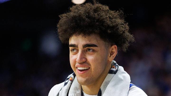 Feb 28, 2026; Lexington, Kentucky, USA; Kentucky Wildcats center Malachi Moreno (24) celebrates from the bench during the second half against the Vanderbilt Commodores at Rupp Arena at Central Bank Center. Mandatory Credit: Jordan Prather-Imagn Images