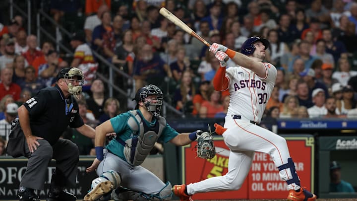 Sep 24, 2024; Houston, Texas, USA;  Houston Astros right fielder Kyle Tucker (30) hits a home run against the Seattle Mariners in the fourth inning at Minute Maid Park. 