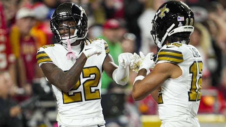 Oct 7, 2024; Kansas City, Missouri, USA; New Orleans Saints wide receiver Rashid Shaheed (22) celebrates with wide receiver Chris Olave (12) after scoring a touchdown during the first half against the Kansas City Chiefs at GEHA Field at Arrowhead Stadium. Oct 7, 2024; Kansas City, Missouri, USA; New Orleans Saints wide receiver Rashid Shaheed (22) celebrates with wide receiver Chris Olave (12) after scoring a touchdown during the first half against the Kansas City Chiefs at GEHA Field at Arrowhead Stadium.