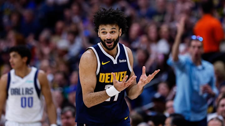 Mar 25, 2026; Denver, Colorado, USA; Denver Nuggets guard Jamal Murray (27) reacts after a play in the third quarter against the Dallas Mavericks at Ball Arena. Mandatory Credit: Isaiah J. Downing-Imagn Images