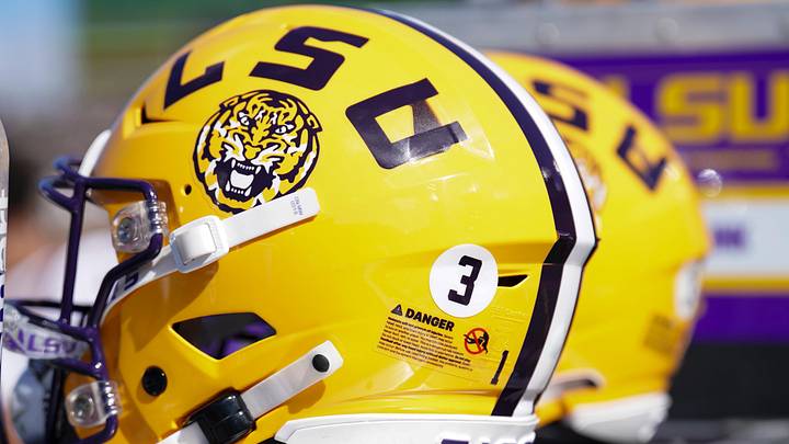 LSU Tigers helmet against the Missouri Tigers during the first half at Faurot Field at Memorial Stadium. 